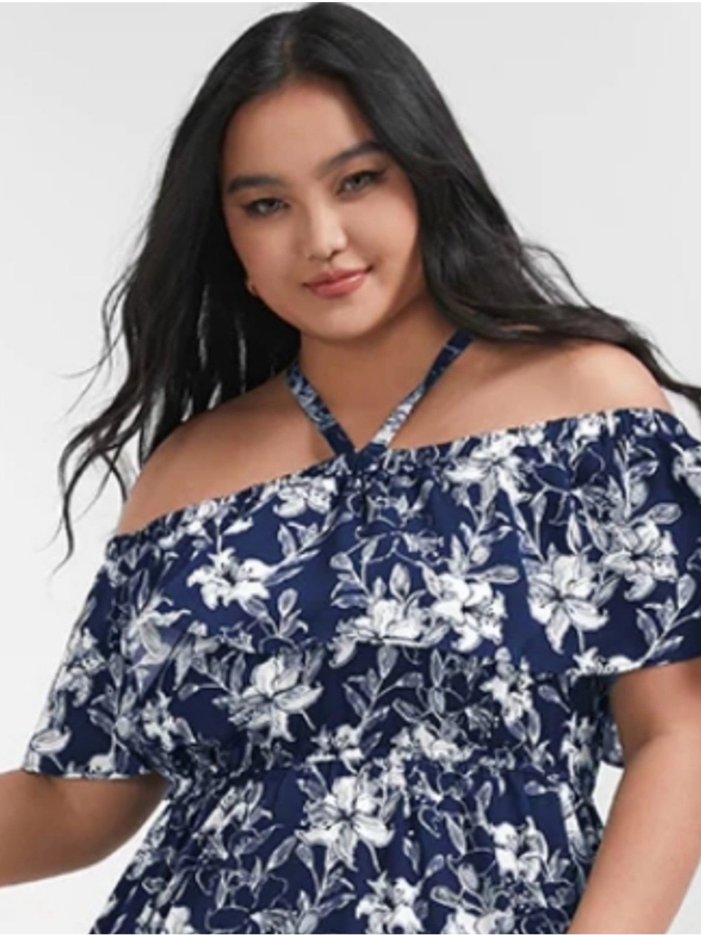 NWT Bloomchic Sz 18-20 (1X) Plus Navy Floral Off-Shoulder Maxi Dress w/ side sli - Picture 2 of 11